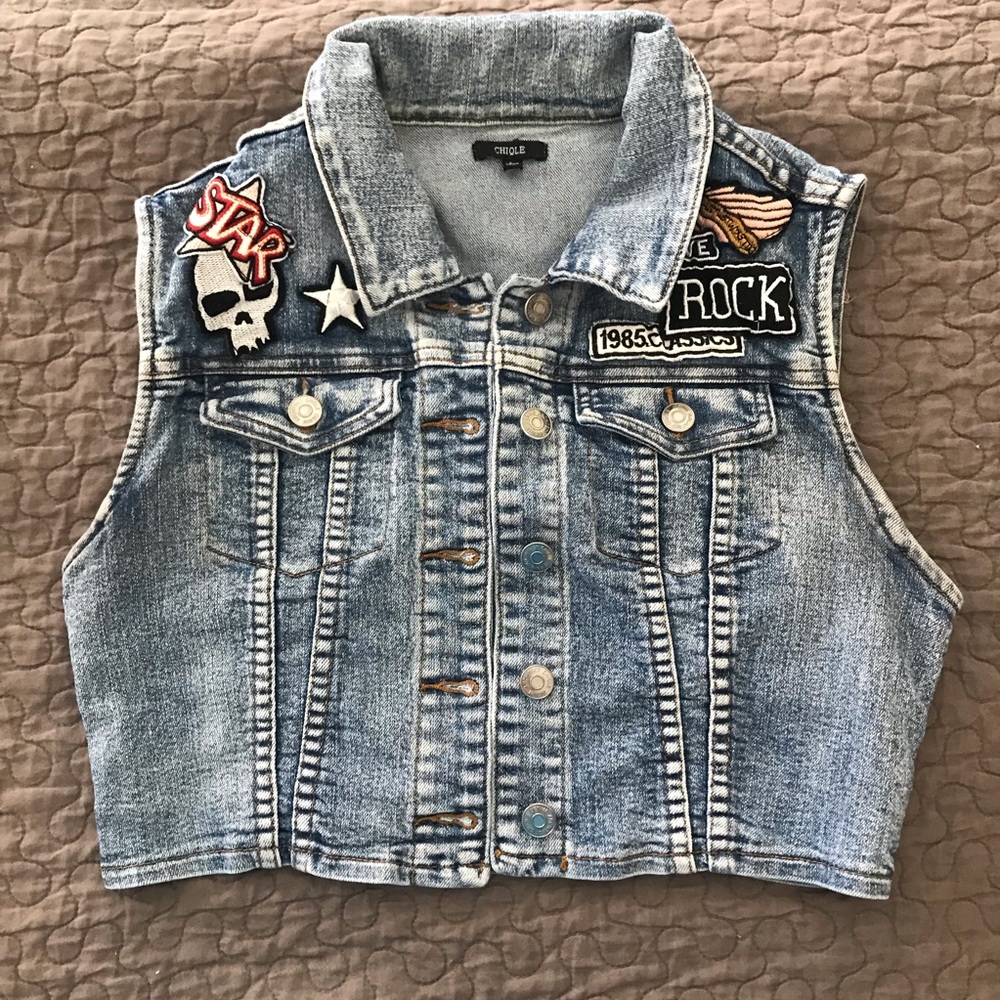 Kids Distressed Denim Vest Patches Rock size L